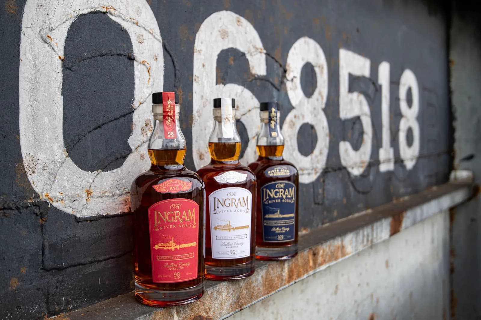 O.H. Ingram Red Label, Straight Whiskey, and Blue Label bottles