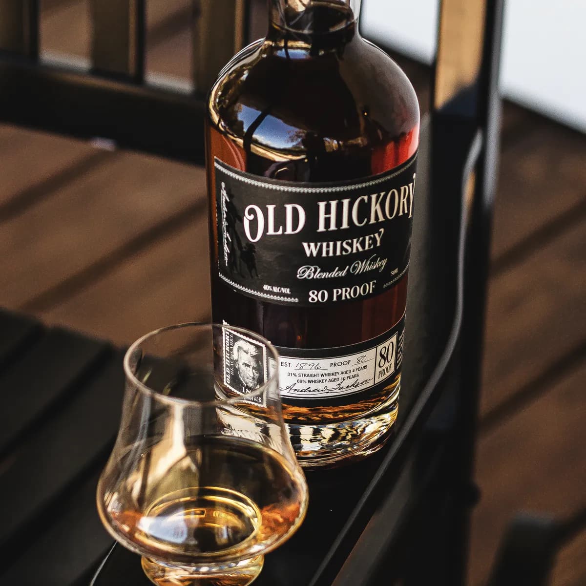 Old Hickory Black Label whiskey beside a tasting glass
