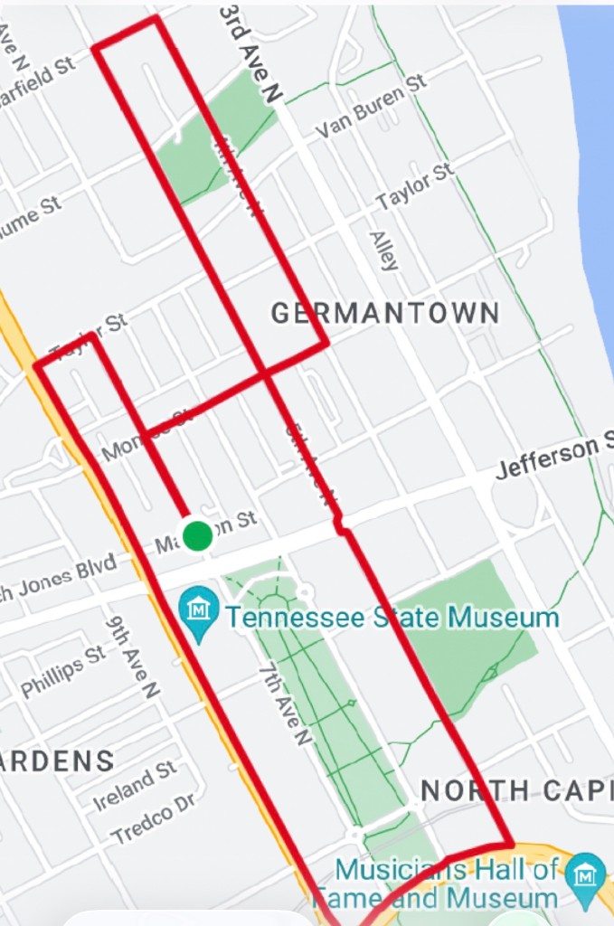 Street map of the 5K Bier Run course through Germantown and North Capitol in Nashville. Start and finish are on Madison Street between 7th Avenue North and Rosa L Parks Boulevard. The loop runs north to Garfield Street and south along Rosa L Parks Boulevard.
